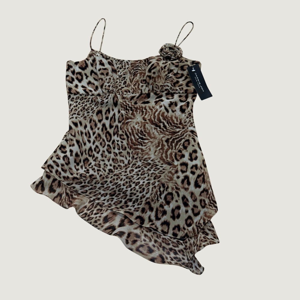 Jackie Jon Leopard Cami Top Brown Asymmetrical Ruffle Size S Y2K Fall Layering